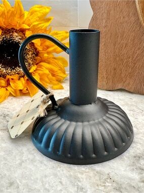 New Rustic Style Matte Black Fluted Metal Taper Candle Holder w/ Arched Handle